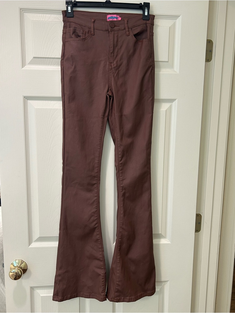 Edikted High-Rise Flare Faux Leather Pants in Brown